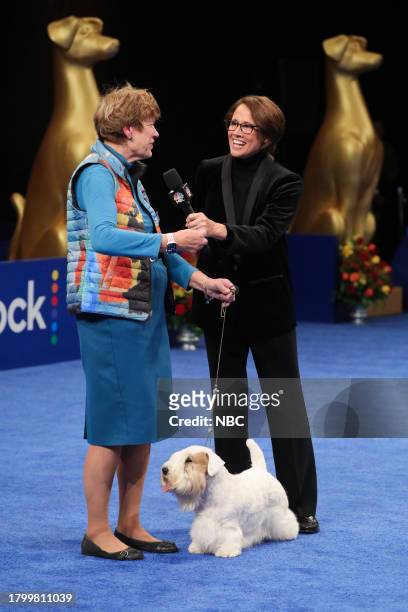 Pictured: Margery Good, Handler; 2023 National Dog Show Best In Show Winner, Sealyham Terrier named "Stache"; Mary Carillo --