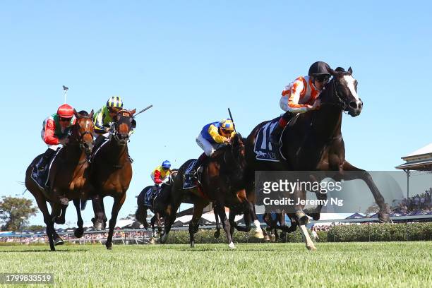 Zac Lloyd riding Genzano wins Race 7 New Zealand Bloodstock 3YO Spring Stakes during Sydney Racing at Newcastle Racecourse on November 18, 2023 in...