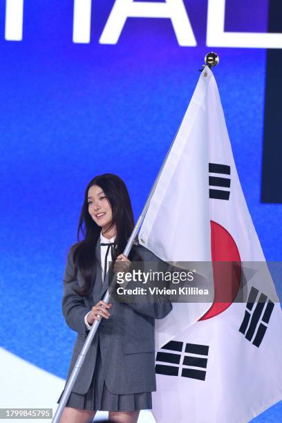 Yoonchae Jeong poses onstage as HYBE X Geffen Records reveal final members of KATSEYE, unprecedented global girl group, on November 17, 2023 in Los...