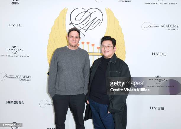 Chairman & CEO of Interscope Geffen A&M Records John Janick and HYBE Chairman Bang Si-Hyuk pose as HYBE X Geffen Records reveal final members of...