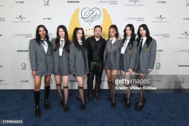 Lara Rajagopalan, Yoonchae Jeong, Daniela Avanzini, Humberto Leon, Manon Bannerman, Megan Skiendiel, and Sophia Laforteza pose as HYBE X Geffen...