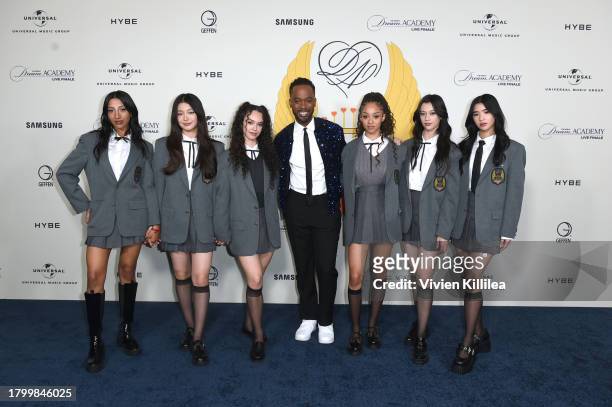 Lara Rajagopalan, Yoonchae Jeong, Daniela Avanzini, Tetris Kelly, Manon Bannerman, Megan Skiendiel, and Sophia Laforteza pose as HYBE X Geffen...