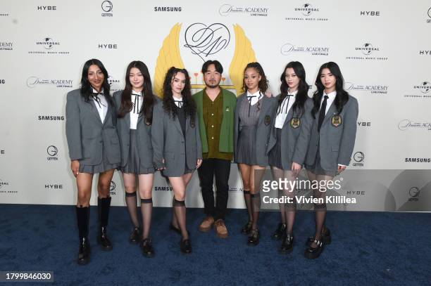 Lara Rajagopalan, Yoonchae Jeong, Daniela Avanzini, Sungdeuk Son, Manon Bannerman, Megan Skiendiel, and Sophia Laforteza pose as HYBE X Geffen...
