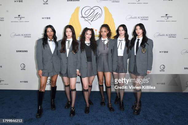 Lara Rajagopalan, Yoonchae Jeong, Daniela Avanzini, Manon Bannerman, Megan Skiendiel, and Sophia Laforteza pose as HYBE X Geffen Records reveal final...