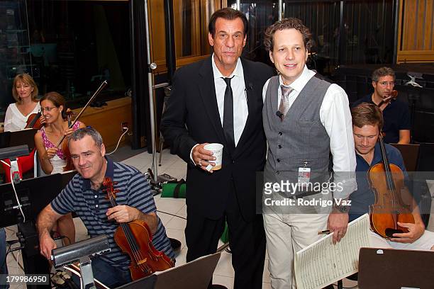 Actor/singer Robert Davi and composer Chris Walden attend a Robert Davi recording session for his single "New York City Christmas" at Capitol Records...
