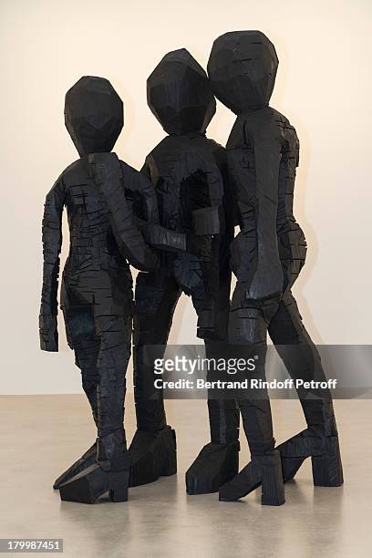 Artist Georg Baselitz' monumental bronze sculpture "BDM Gruppe" is seen during the Georg Baselitz exhibition preview and dinner at Thaddeus Ropac...