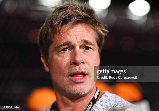 Brad Pitt, star of the upcoming Formula One based movie, Apex, walks in the Pitlane prior to qualifying ahead of the F1 Grand Prix of Las Vegas at...