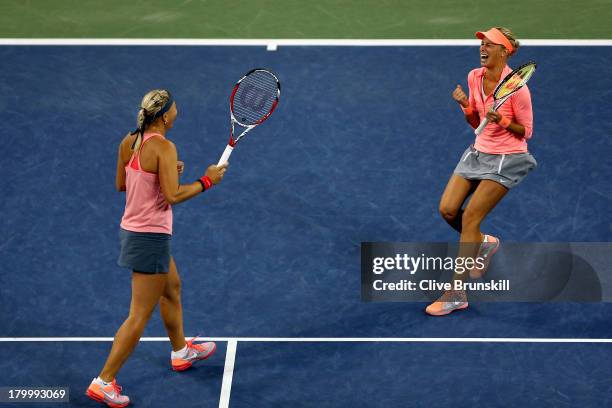 Andrea Hlavackova of Czech Republic and Lucie Hradecka of Czech Republic celebrate winning their women's doubles final match against Ashleigh Barty...