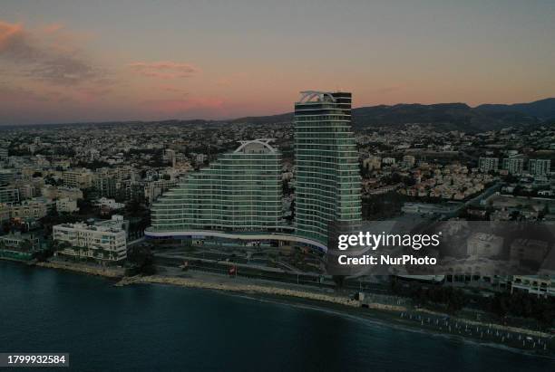 View of the high-rise luxury residential complex &quot;Limassol Del Mar&quot; early in the morning in the Mediterranean port of Limassol. Cyprus,...