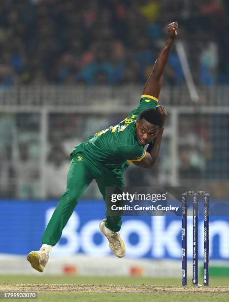 Kagiso Rabada of South Africa bowls during the ICC Men's Cricket World Cup India 2023 Semi Final match between South Africa and Australia at Eden...