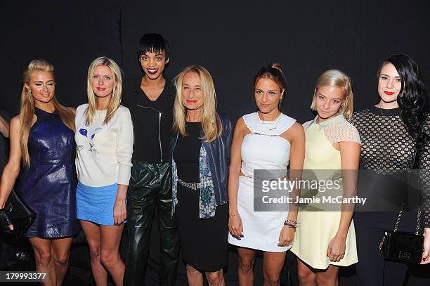 Paris Hilton, Nicky Hilton, Devyn, Anna Dexter-Jones, Charlotte Ronson, Annabelle Dexter-Jones and Kate Nash pose backstage at the Charlotte Ronson...