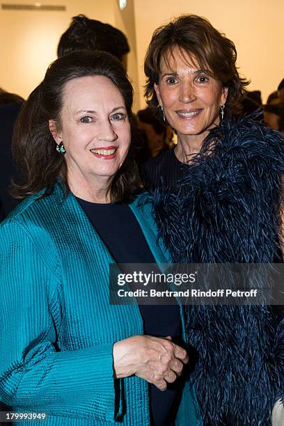 Madame Claude Janssen and guest attend the Georg Baselitz exhibition preview and dinner at Thaddeus Ropac Gallery on September 7, 2013 in Pantin,...