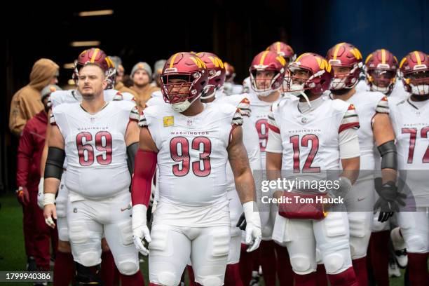 Jonathan Allen of the Washington Commanders walks on the field against the Seattle Seahawks at Lumen Field on November 12, 2023 in Seattle,...