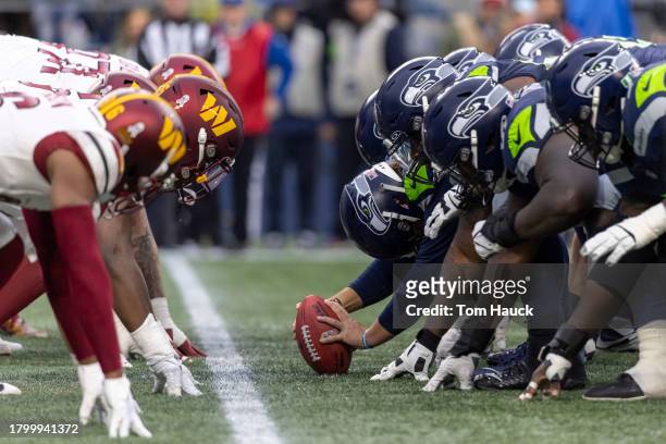 The line of scrimmage between the Seattle Seahawks and the Washington Commanders at Lumen Field on November 12, 2023 in Seattle, Washington.