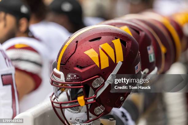 Washington Commanders football helmet on the sidelines against the Seattle Seahawks at Lumen Field on November 12, 2023 in Seattle, Washington.