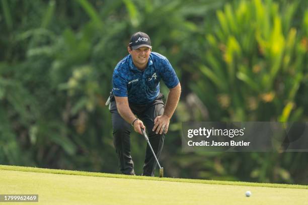 Patrick Reed of the United States lines up his putt on hole 17 during the third round of the BNI Indonesian Masters presented by Tunas Niaga Energi...