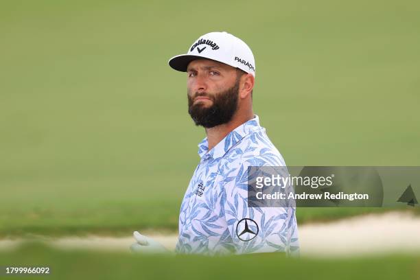 Jon Rahm of Spain looks on across the first hole during Day Three of the DP World Tour Championship on the Earth Course at Jumeirah Golf Estates on...