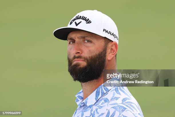Jon Rahm of Spain looks on across the first hole during Day Three of the DP World Tour Championship on the Earth Course at Jumeirah Golf Estates on...