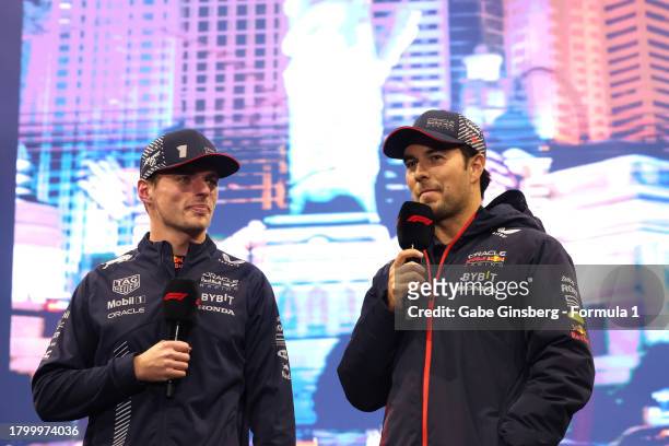 Max Verstappen of the Netherlands and Sergio Perez of Mexico and Oracle Red Bull Racing are interviewed ahead of the F1 Grand Prix of Las Vegas on...