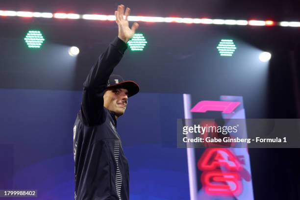 Max Verstappen of the Netherlands and Oracle Red Bull Racing acknowledges fans ahead of the F1 Grand Prix of Las Vegas on November 17, 2023 in Las...