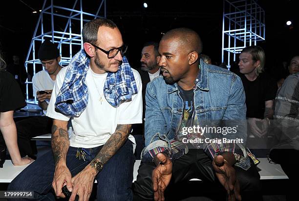 Terry Richardson and Kanye West attend the Alexander Wang fashion show during Mercedes-Benz Fashion Week Spring 2014 at Pier 94 on September 7, 2013...