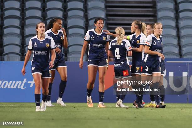 Annalise Rasmussen of the Mariners celebrates a goal with team mates during the A-League Women round five match between Central Coast Mariners and...