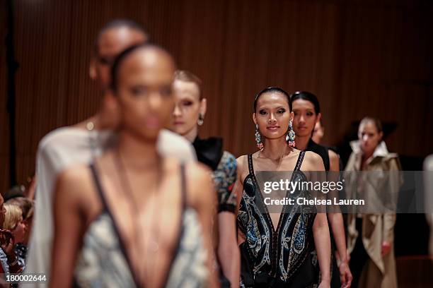 Models walk the runway at the Sukeina fashion show during Mercedes-Benz Fashion Week Spring 2014 at the DiMenna Center on September 7, 2013 in New...