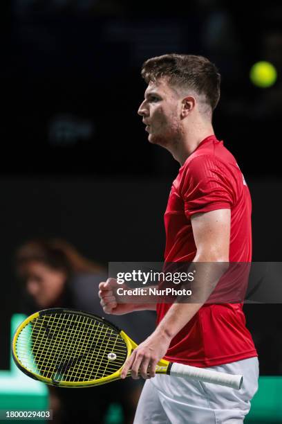 Miomir Kecmanovic of Serbia is celebrating a point during the quarterfinal match against Jack Draper of Great Britain at the Davis Cup at Martin...