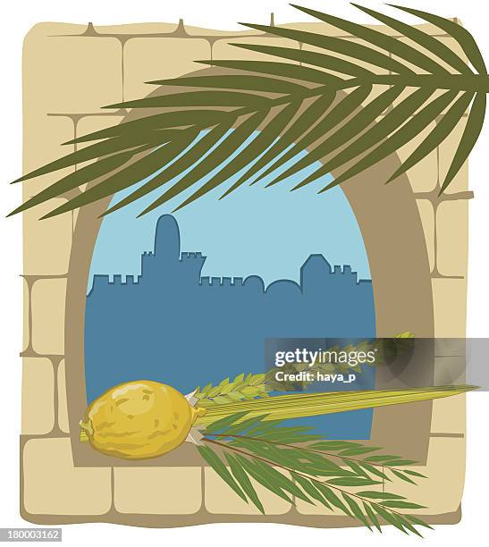 stockillustraties, clipart, cartoons en iconen met sukkoth plants  and silhouette of jerusalem - palm trees