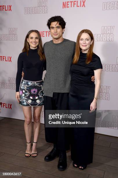 Natalie Portman, Charles Melton and Julianne Moore attend Netflix's "May December" Los Angeles Photo Call at Four Seasons Hotel Los Angeles at...