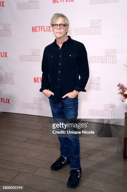 Todd Haynes attends Netflix's "May December" Los Angeles Photo Call at Four Seasons Hotel Los Angeles at Beverly Hills on November 17, 2023 in Los...