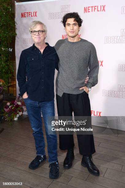 Todd Haynes and Charles Melton attend Netflix's "May December" Los Angeles Photo Call at Four Seasons Hotel Los Angeles at Beverly Hills on November...