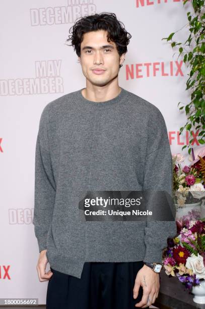 Charles Melton attends Netflix's "May December" Los Angeles Photo Call at Four Seasons Hotel Los Angeles at Beverly Hills on November 17, 2023 in Los...