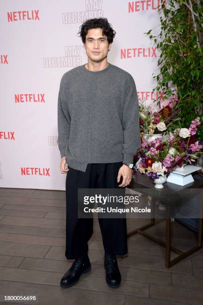 Charles Melton attends Netflix's "May December" Los Angeles Photo Call at Four Seasons Hotel Los Angeles at Beverly Hills on November 17, 2023 in Los...