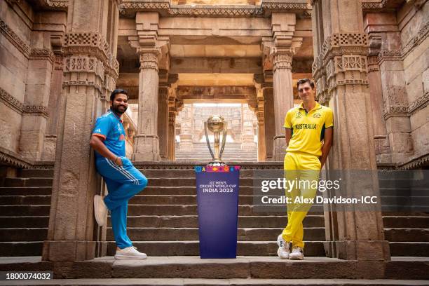 India Captain Rohit Sharma and Australia Captain Pat Cummins pose for a photo during the ICC Men's Cricket World Cup Final Captains Photocall at the...