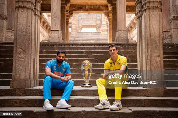 India Captain Rohit Sharma and Australia Captain Pat Cummins pose for a photo during the ICC Men's Cricket World Cup Final Captains Photocall at the...