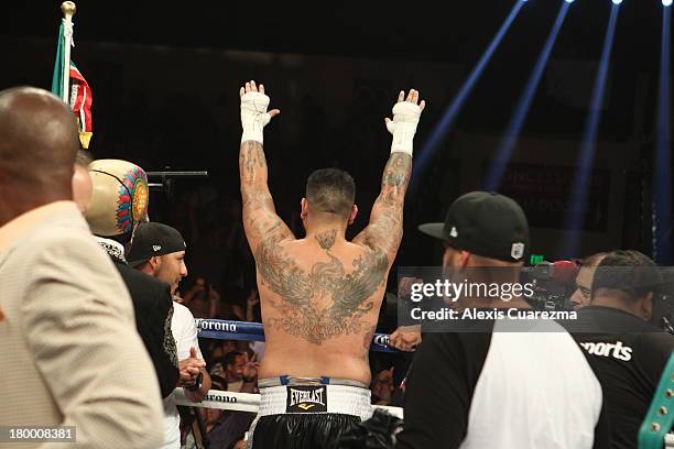 Chris Arreola celebrates as his victorious over Seth Mitchell for the WBC International Heavyweight Title at the Fantasy Springs Resort Casino -...