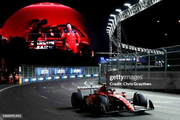 Carlos Sainz of Spain driving the Ferrari SF-23 on track in front of Sphere during qualifying ahead of the F1 Grand Prix of Las Vegas at Las Vegas...