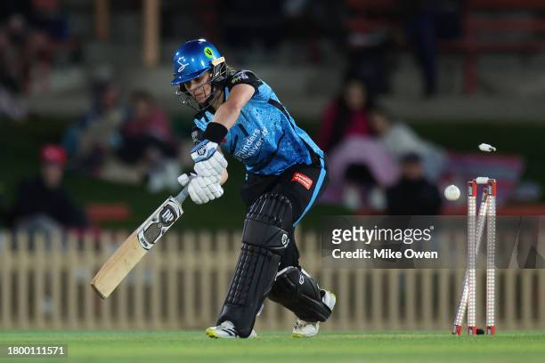 Laura Wolvaardt of the Strikers is bowled by Lauren Cheatle of the Sixers during the WBBL match between Sydney Sixers and Adelaide Strikers at North...