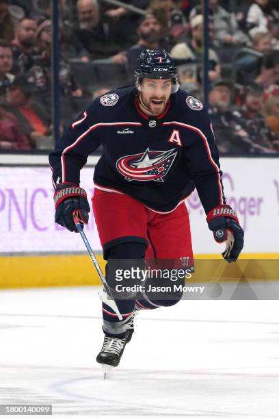Sean Kuraly of the Columbus Blue Jackets skates during the second period against the Arizona Coyotes at Nationwide Arena on November 16, 2023 in...