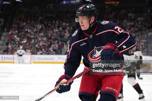 Patrik Laine of the Columbus Blue Jackets skates during the first period against the Arizona Coyotes at Nationwide Arena on November 16, 2023 in...