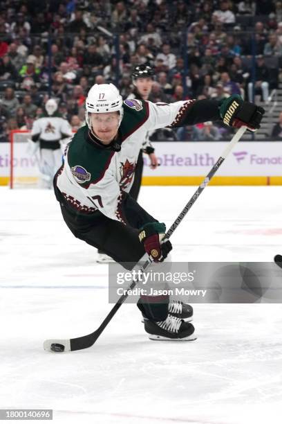 Nick Bjugstad of the Arizona Coyotes skates with the puck during the first period against the Columbus Blue Jackets at Nationwide Arena on November...