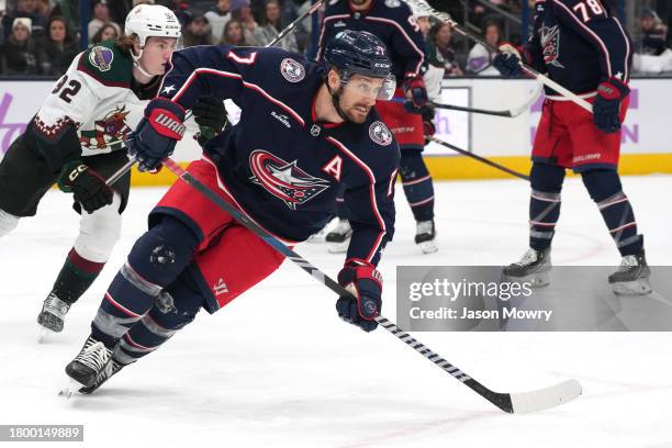 Sean Kuraly of the Columbus Blue Jackets skates during the third period against the Arizona Coyotes at Nationwide Arena on November 16, 2023 in...