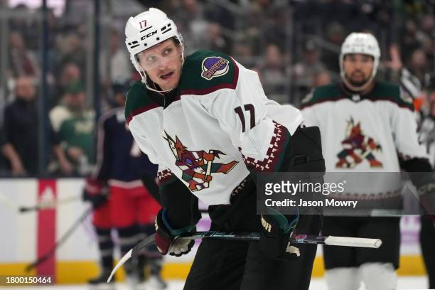 Nick Bjugstad of the Arizona Coyotes takes a break during a stoppage in play against the Columbus Blue Jackets in the second period at Nationwide...