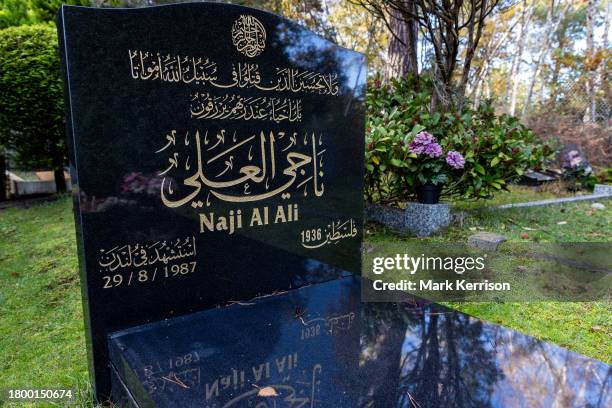 The grave of Palestinian satirist and cartoonist Naji al-Ali is pictured at Brookwood Muslim Cemetery on 15th November 2023 in Woking, United...