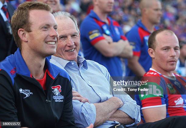 Wayne Bennett, coach of the Knights smiles during the round 26 NRL match between the Newcastle Knights and the Parramatta Eels at Hunter Stadium on...