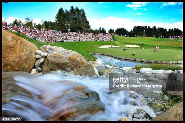 General view of the 13th hole during the second round of the Omega European Masters at the Crans-sur-Sierre Golf Club on September 6, 2013 in Crans,...