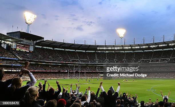 General view as Blues fans celebrate a goal during the First Elimination Final AFL match between the Richmond Tigers and the Carlton Blues at...