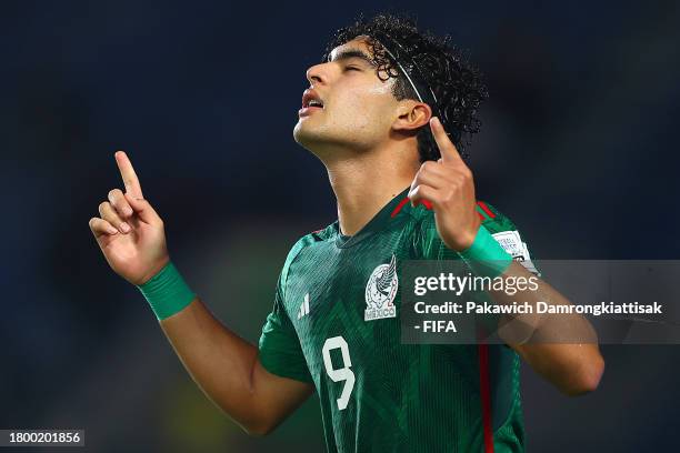 Stephano Carrillo of Mexico celebrates scoring their third goal during the FIFA U-17 World Cup Group F match between New Zealand and Mexico at Si...