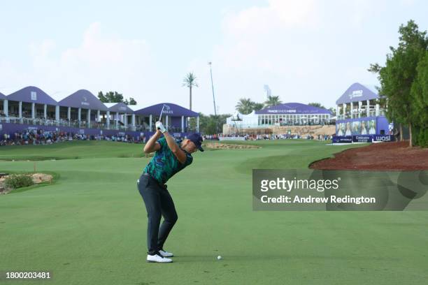 Matt Wallace of England plays his second shot on the 18th hole during Day Three of the DP World Tour Championship on the Earth Course at Jumeirah...